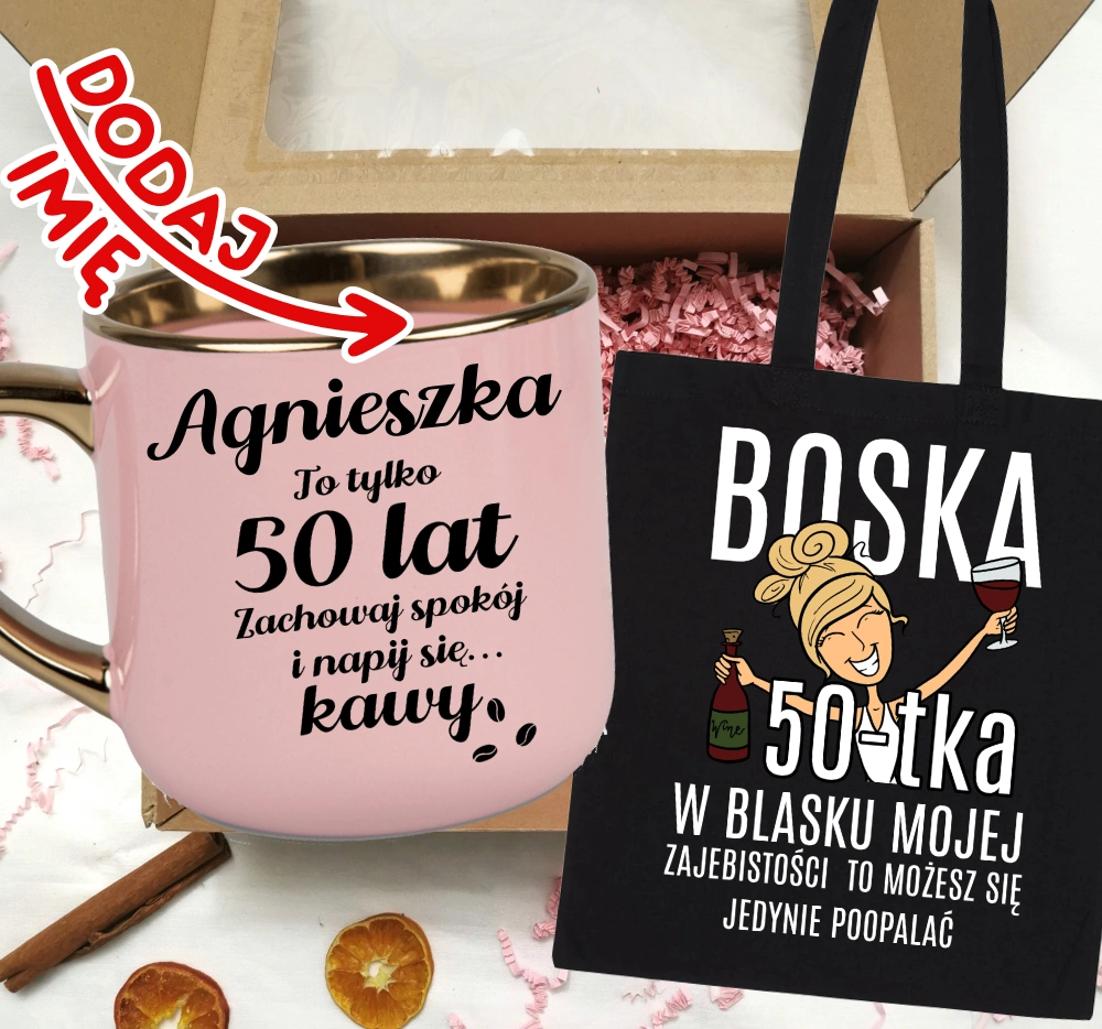 Zestaw prezentowy na 50 urodziny - kubek na 50 z imieniem oraz torba blondynka