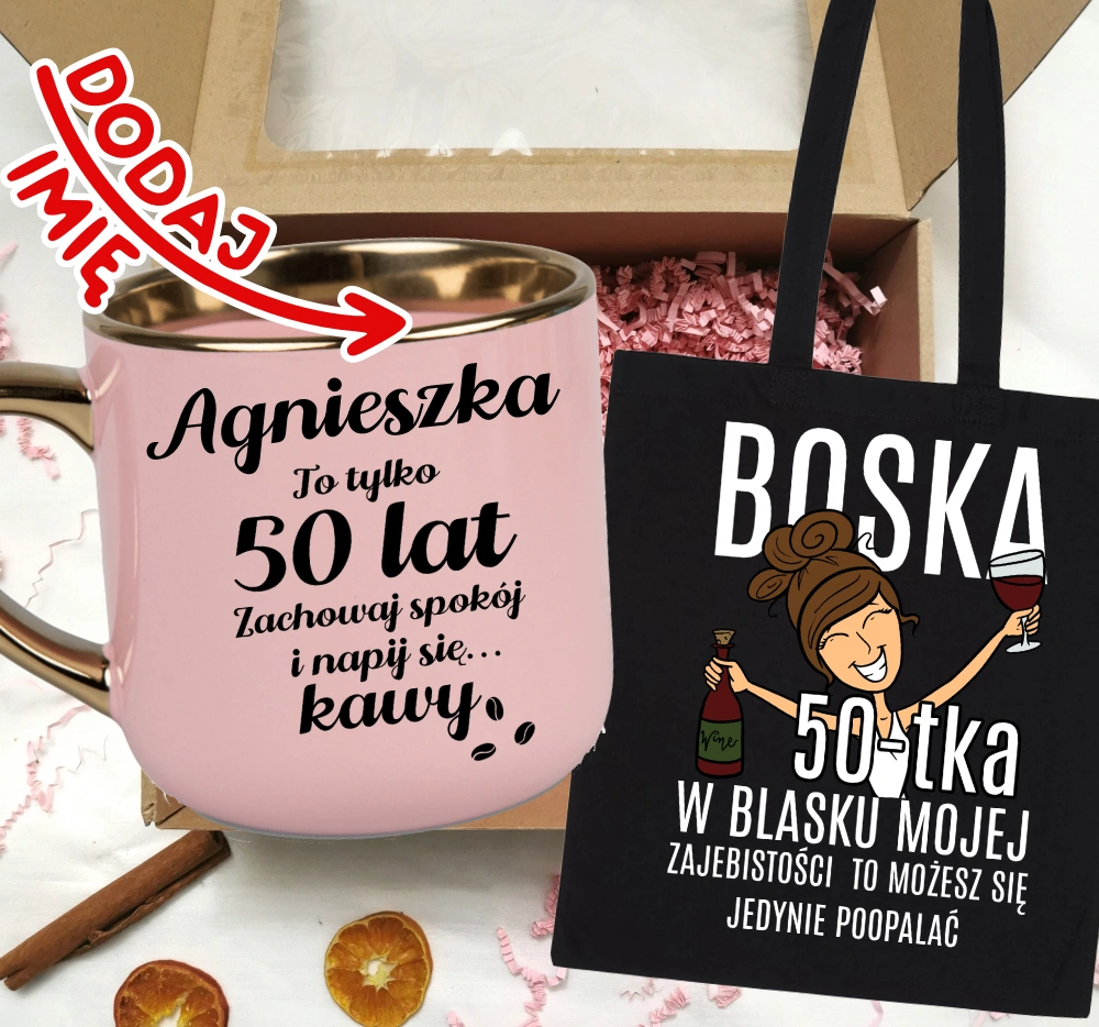 Zestaw prezentowy na 50 urodziny - kubek na 50 z imieniem oraz torba brunetka