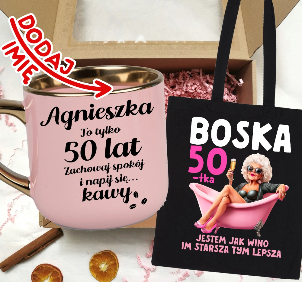 Zestaw prezentowy na 50 urodziny - kubek na 50 z imieniem oraz torba