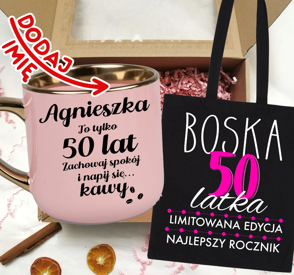 Zestaw prezentowy na 50 urodziny - kubek na 50 z imieniem oraz torba