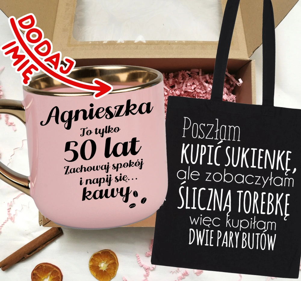 Zestaw prezentowy na 50 urodziny - kubek na 50 z imieniem oraz torba