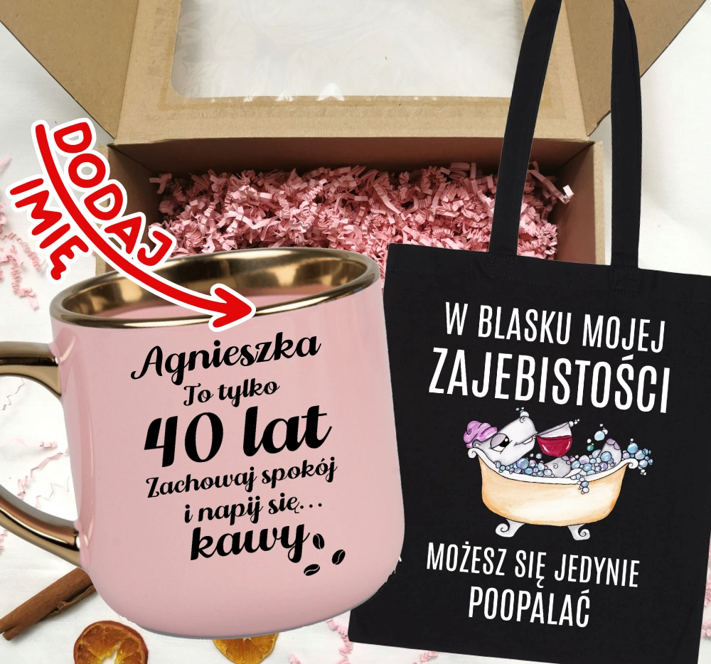 Zestaw prezentowy na 40 urodziny - kubek na 40 z imieniem oraz torba