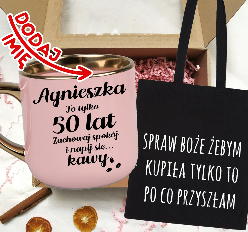 Zestaw prezentowy na 50 urodziny - kubek na 50 z imieniem oraz torba