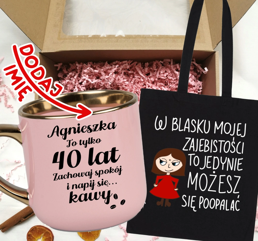Zestaw prezentowy na 40 urodziny - kubek na 40 z imieniem oraz torba
