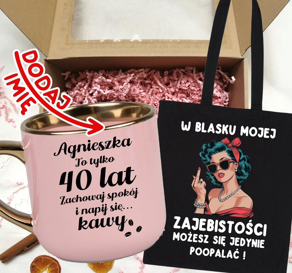 Zestaw prezentowy na 40 urodziny - kubek na 40 z imieniem oraz torba