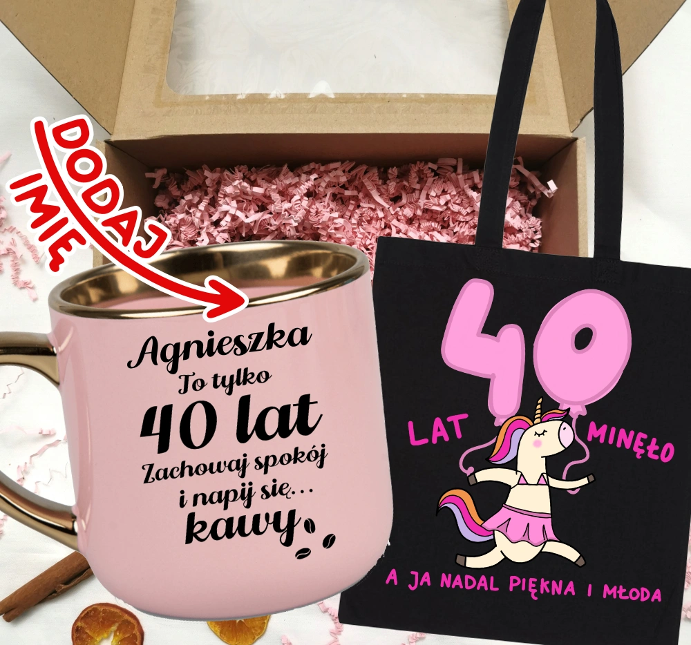 Zestaw prezentowy na 40 urodziny - kubek na 40 z imieniem oraz torba