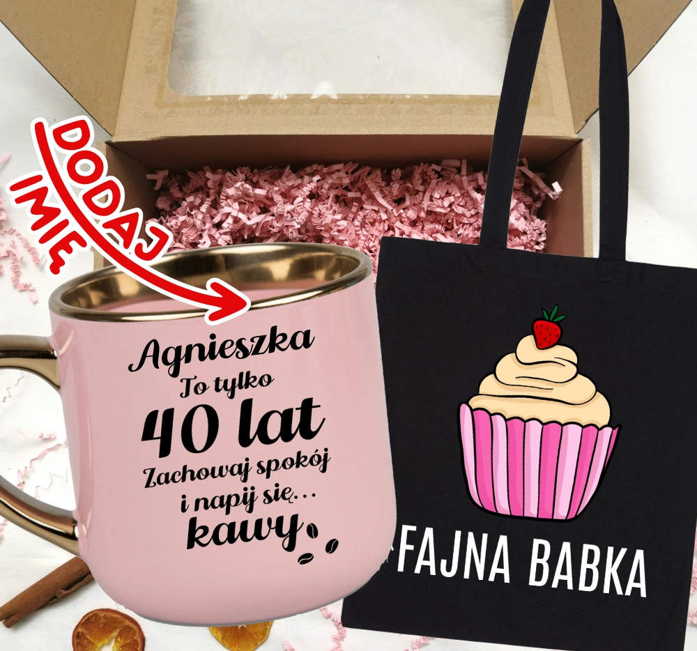 Zestaw prezentowy na 40 urodziny - kubek na 40 z imieniem oraz torba