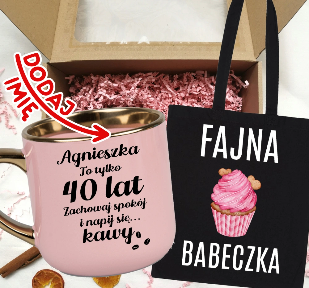Zestaw prezentowy na 40 urodziny - kubek na 40 z imieniem oraz torba