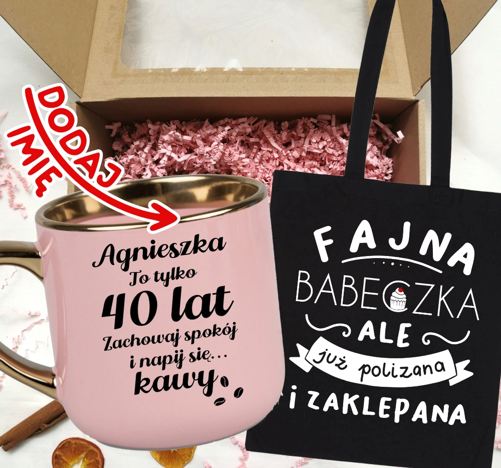 Zestaw prezentowy na 40 urodziny - kubek na 40 z imieniem oraz torba