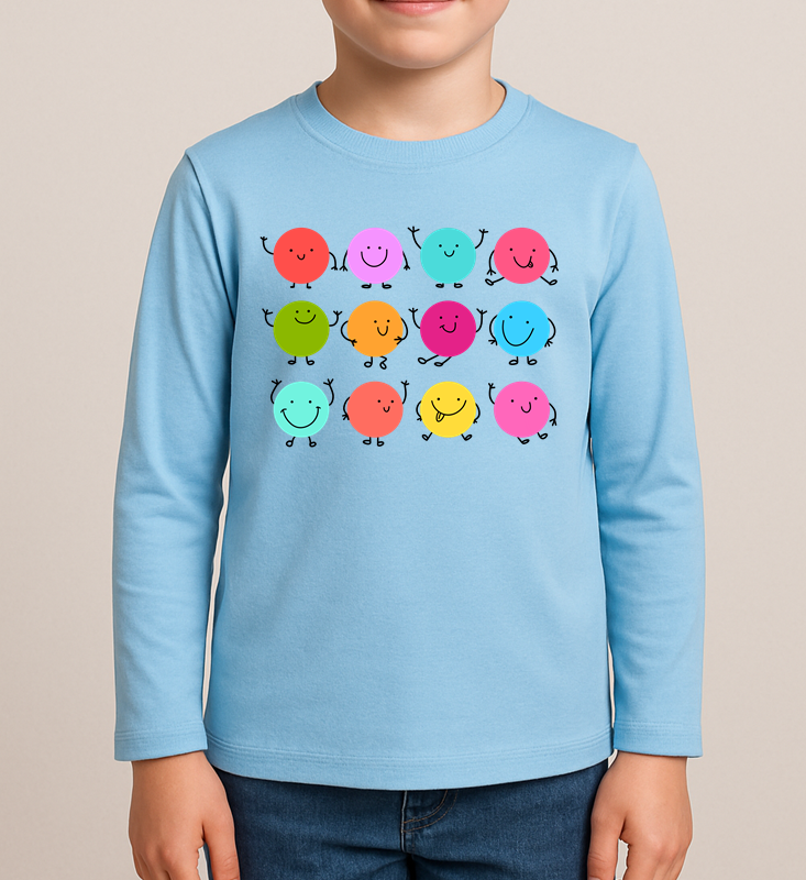 Niebieska koszulka z długim rękawkiem na Dzień Kropki dla chłopczyka kropki kolorowe z rączkami