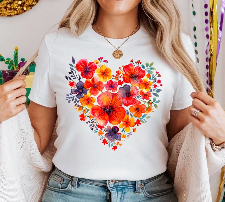 Biała Damska koszulka bawełniana w kwiaty w kształcie serca - wzór serduszko69