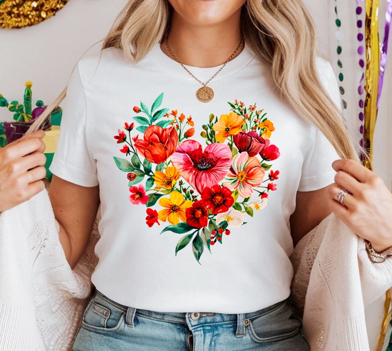 Biała Damska koszulka bawełniana w kwiaty w kształcie serca - wzór serduszko70