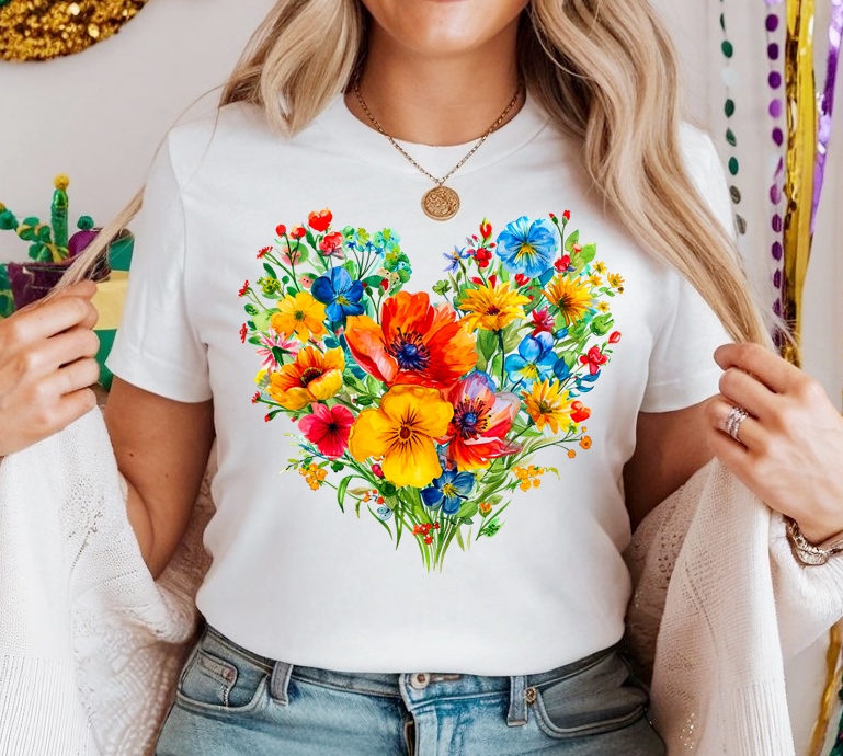 Biała Damska koszulka bawełniana w kwiaty w kształcie serca - wzór serduszko71