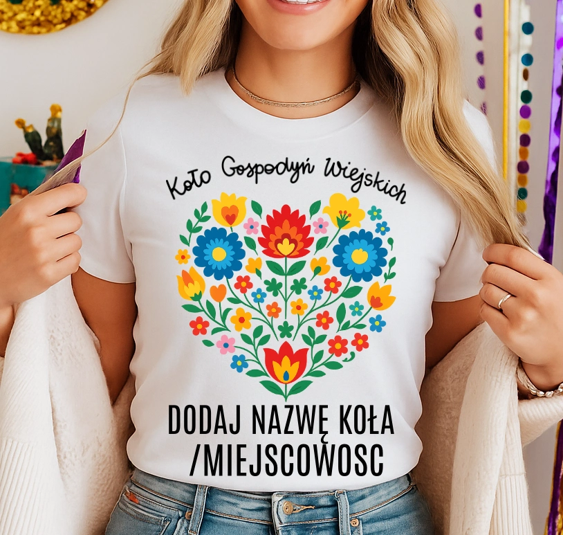Koszulka dla koło gospodyń wiejskich z sercem w kwiaty - z nazwą koło gospodyń wiejskich - wzór serce91