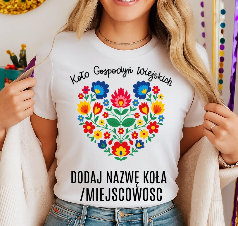 Koszulka dla koło gospodyń wiejskich z sercem w kwiaty - z nazwą koło gospodyń wiejskich - wzór serce92