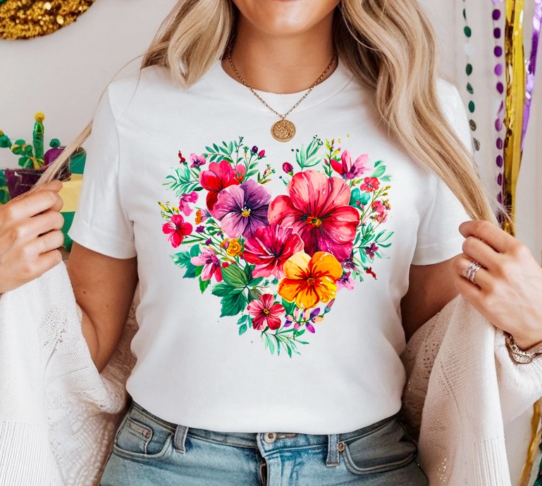 Biała Damska koszulka bawełniana w kwiaty w kształcie serca - wzór serduszko72