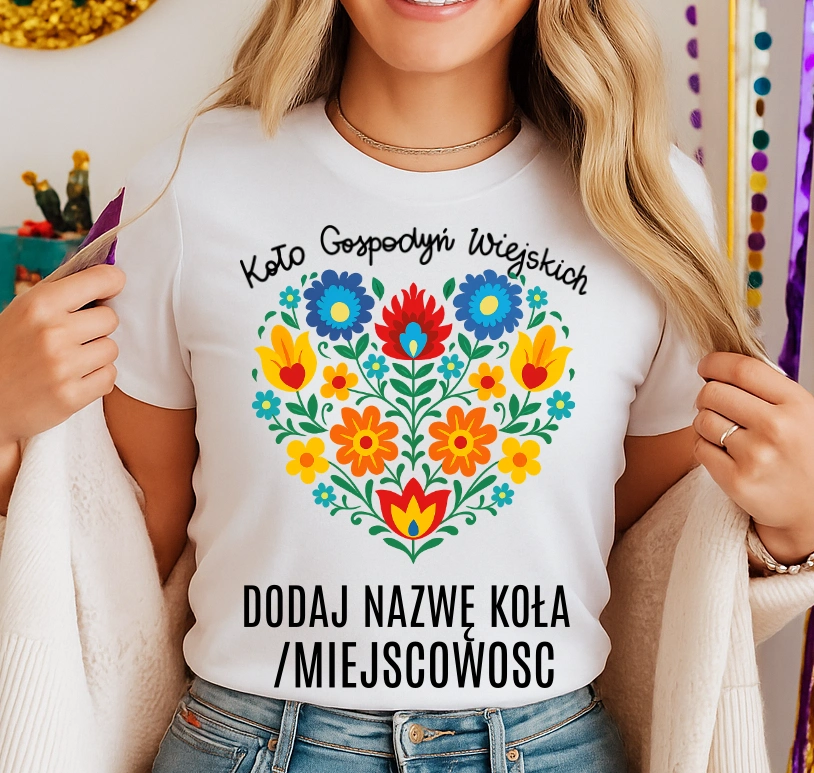 Koszulka dla koło gospodyń wiejskich z sercem w kwiaty - z nazwą koło gospodyń wiejskich - wzór serce93