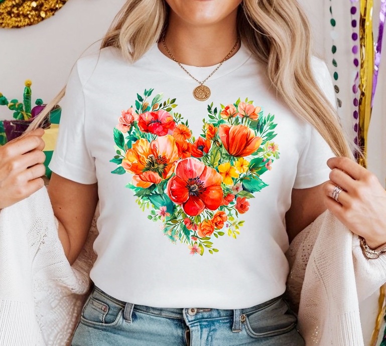 Biała Damska koszulka bawełniana w kwiaty w kształcie serca - wzór serduszko75