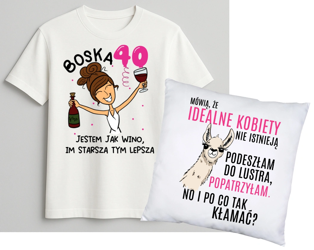 Zestaw na 40 urodziny dla kobiety - KOSZULKA na 40 RAZ PODUSZKA - BOSKA 40 - jestem jak wino Z BRUNETKĄ