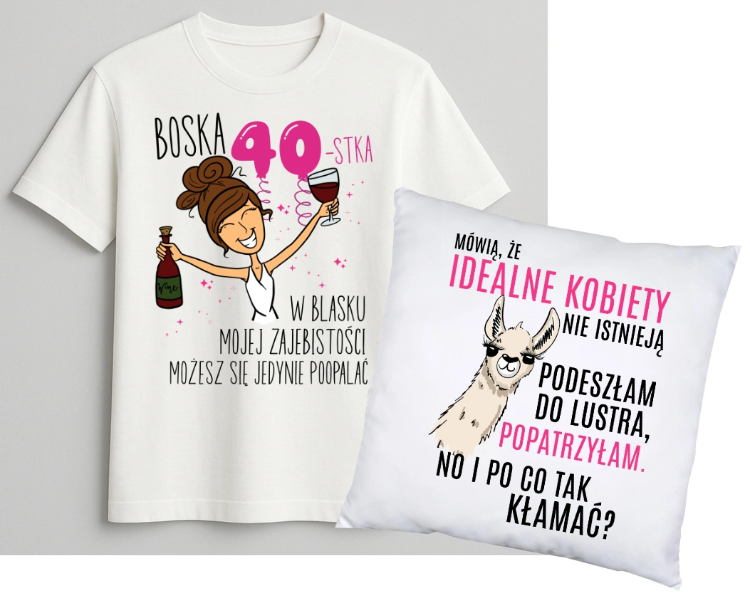 Zestaw na 40 urodziny dla kobiety - KOSZULKA na 40 oraz PODUSZKA - BOSKA 40 w blasku mojej z brunetką