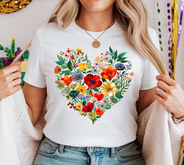 Biała Damska koszulka bawełniana w kwiaty w kształcie serca - wzór serduszko76