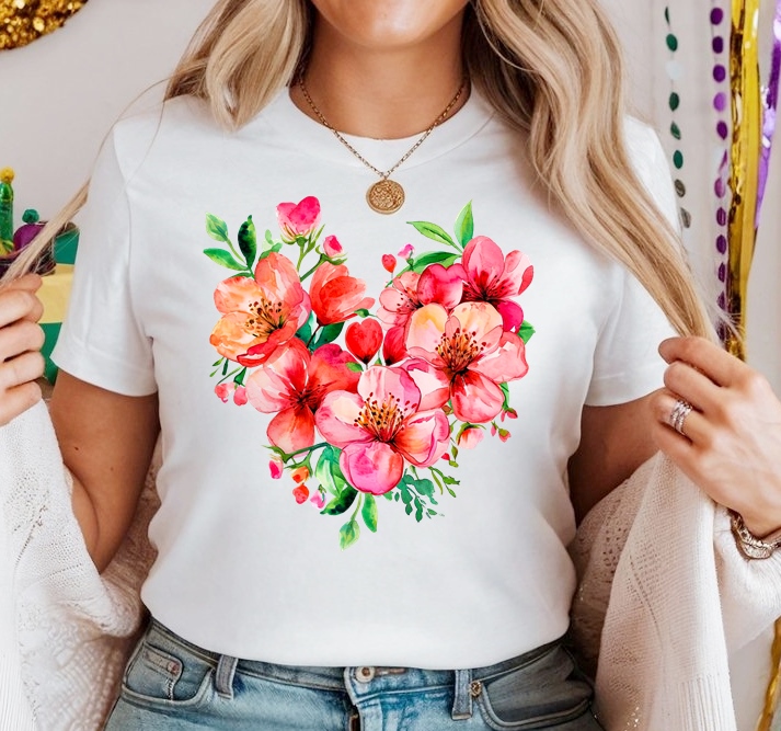 Biała Damska koszulka bawełniana w kwiaty w kształcie serca - wzór serduszko78