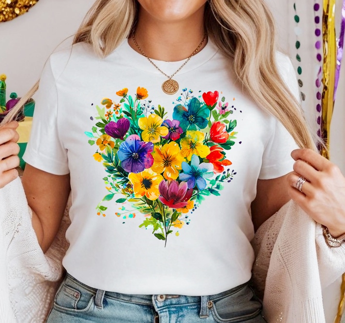 Biała Damska koszulka bawełniana w kwiaty w kształcie serca - wzór serduszko81