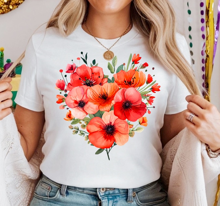 Biała Damska koszulka bawełniana w kwiaty w kształcie serca - wzór serduszko85