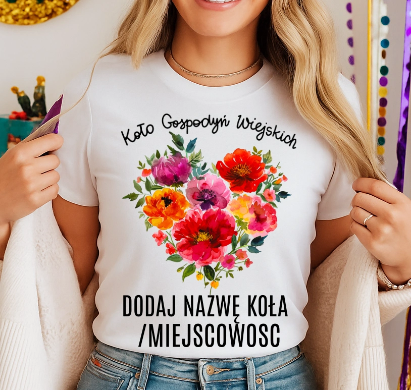 Koszulka dla koło gospodyń wiejskich z sercem w kwiaty - z nazwą koło gospodyń wiejskich - wzór serduszko80