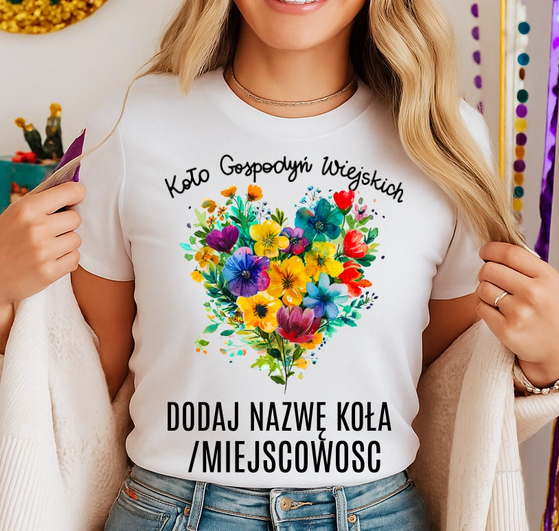 Koszulka dla koło gospodyń wiejskich z sercem w kwiaty - z nazwą koło gospodyń wiejskich - wzór serduszko81