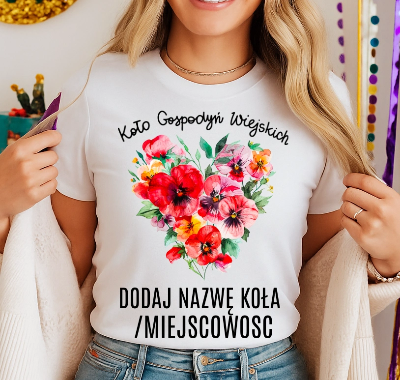Koszulka dla koło gospodyń wiejskich z sercem w kwiaty - z nazwą koło gospodyń wiejskich - wzór serduszko82