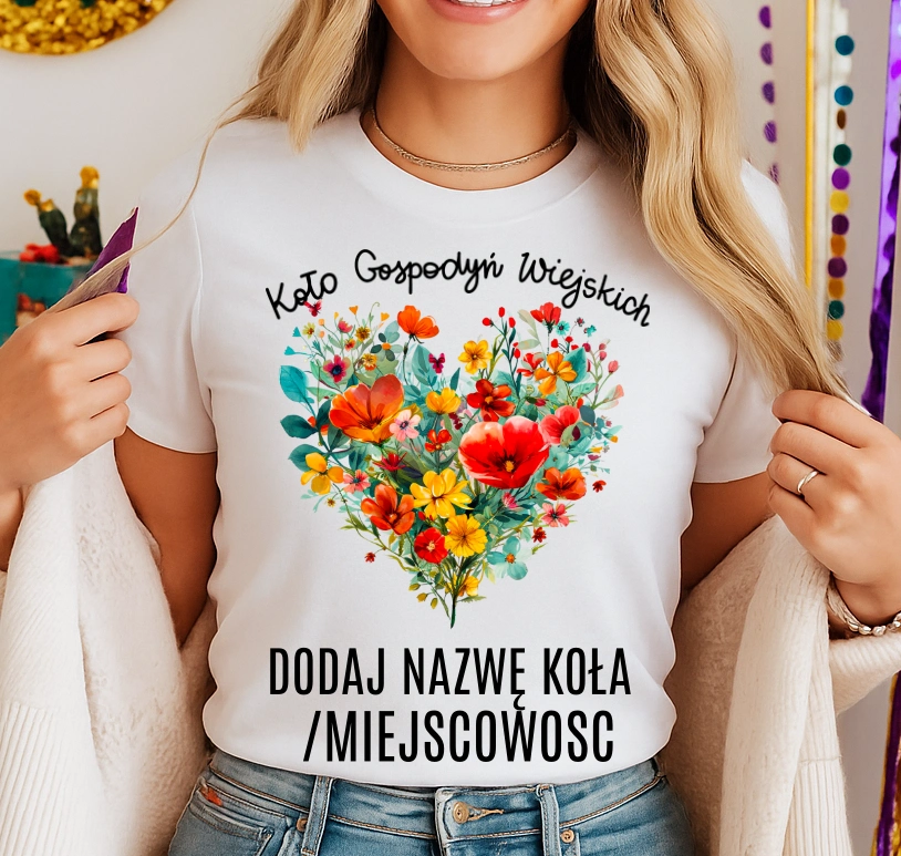 Koszulka dla koło gospodyń wiejskich z sercem w kwiaty - z nazwą koło gospodyń wiejskich - wzór serduszko83