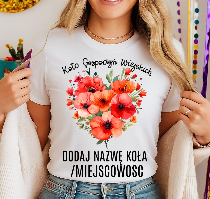 Koszulka dla koło gospodyń wiejskich z sercem w kwiaty - z nazwą koło gospodyń wiejskich - wzór serduszko85