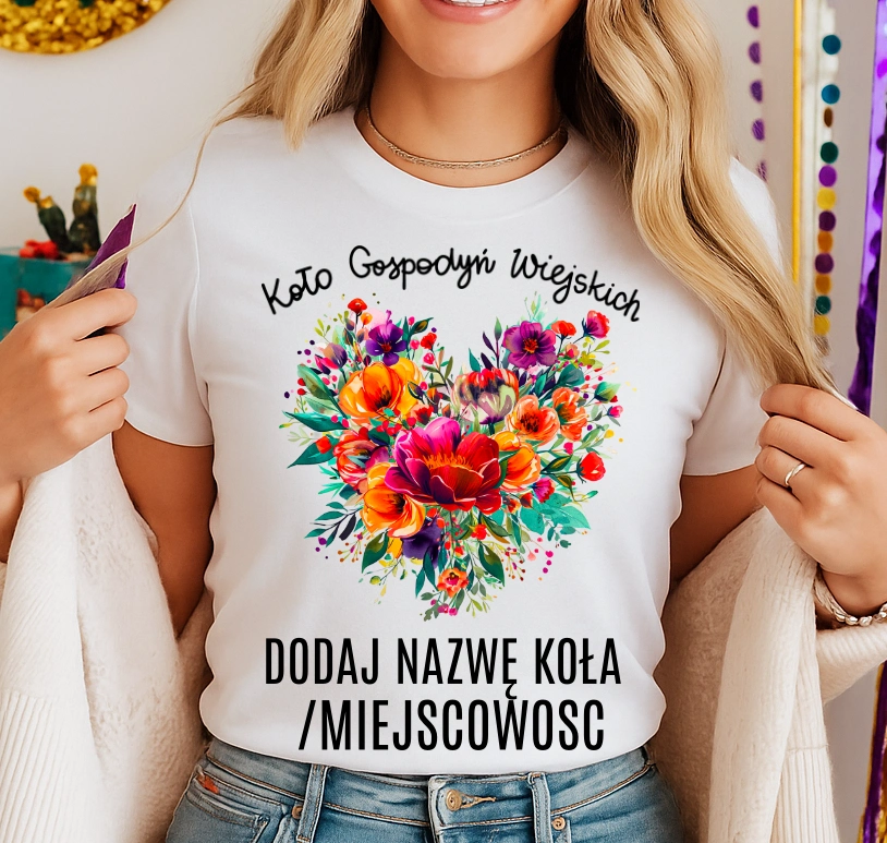 Koszulka dla koło gospodyń wiejskich z sercem w kwiaty - z nazwą koło gospodyń wiejskich - wzór serduszko86
