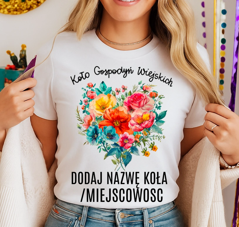 Koszulka dla koło gospodyń wiejskich z sercem w kwiaty - z nazwą koło gospodyń wiejskich - wzór serduszko87