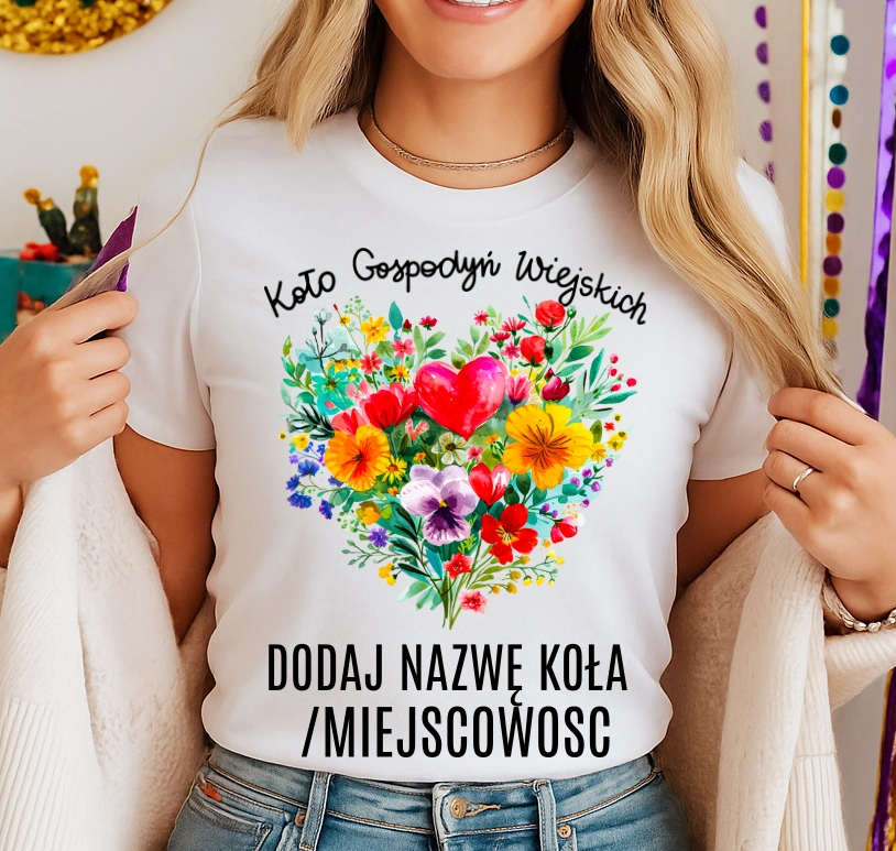 Koszulka dla koło gospodyń wiejskich z sercem w kwiaty - z nazwą koło gospodyń wiejskich - wzór serduszko67