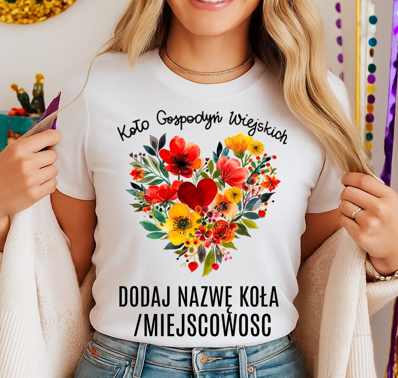 Koszulka dla koło gospodyń wiejskich z sercem w kwiaty - z nazwą koło gospodyń wiejskich - wzór serduszko68