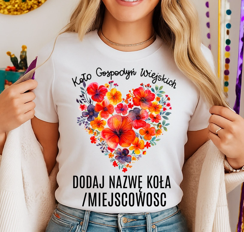 Koszulka dla koło gospodyń wiejskich z sercem w kwiaty - z nazwą koło gospodyń wiejskich - wzór serduszko69