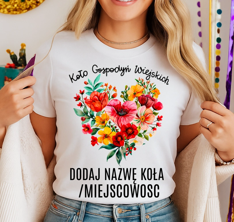 Koszulka dla koło gospodyń wiejskich z sercem w kwiaty - z nazwą koło gospodyń wiejskich - wzór serduszko70