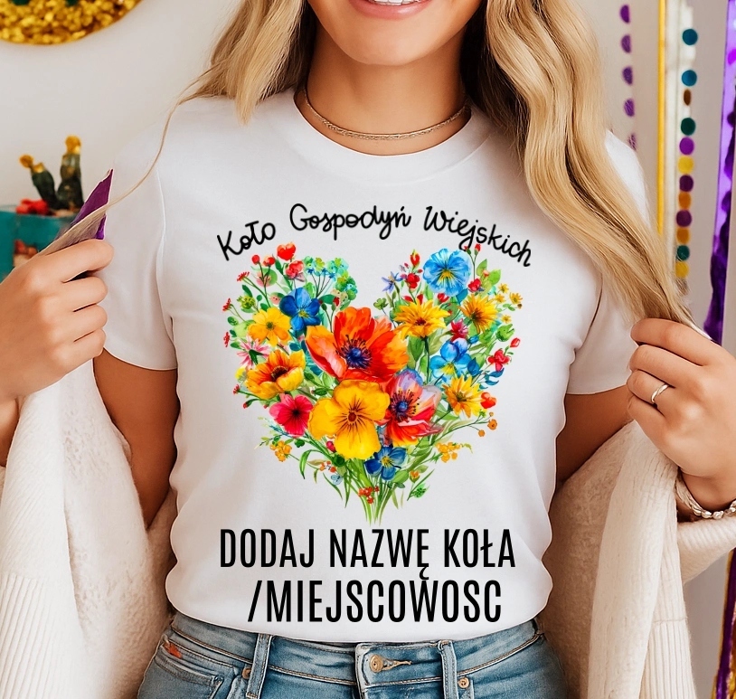 Koszulka dla koło gospodyń wiejskich z sercem w kwiaty - z nazwą koło gospodyń wiejskich - wzór serduszko71