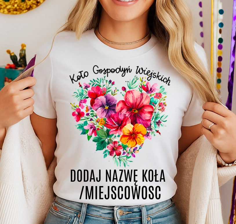 Koszulka dla koło gospodyń wiejskich z sercem w kwiaty - z nazwą koło gospodyń wiejskich - wzór serduszko72