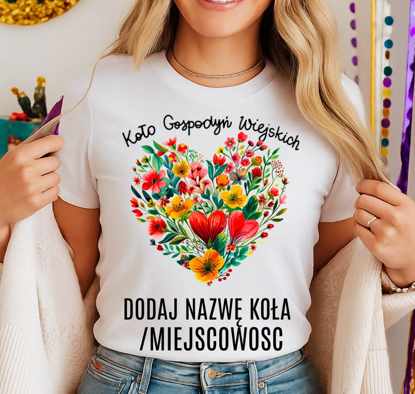 Koszulka dla koło gospodyń wiejskich z sercem w kwiaty - z nazwą koło gospodyń wiejskich - wzór serduszko74