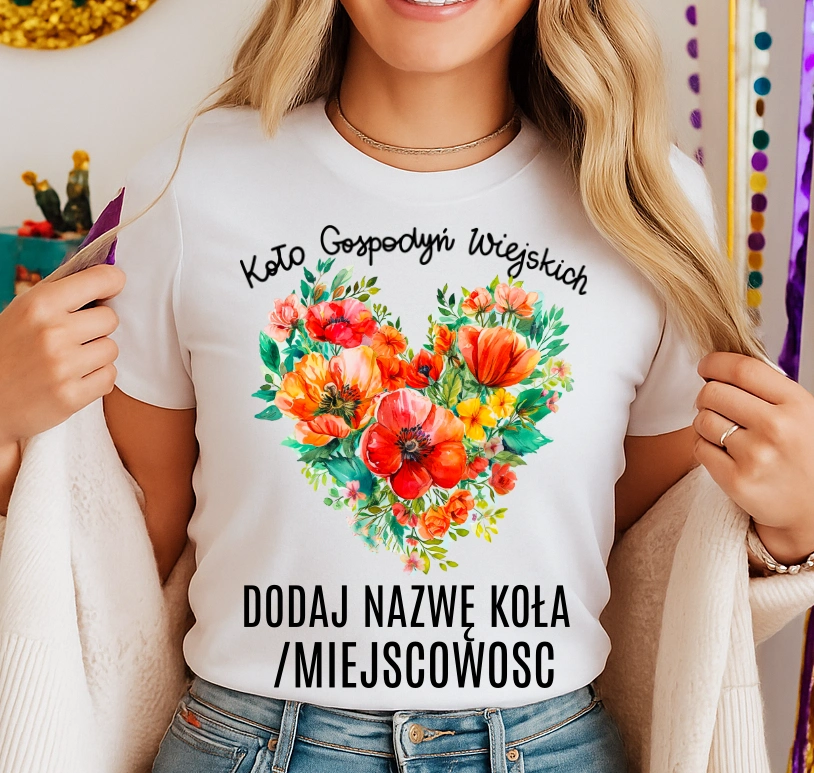 Koszulka dla koło gospodyń wiejskich z sercem w kwiaty - z nazwą koło gospodyń wiejskich - wzór serduszko75