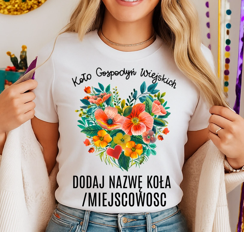 Koszulka dla koło gospodyń wiejskich z sercem w kwiaty - z nazwą koło gospodyń wiejskich - wzór serduszko77