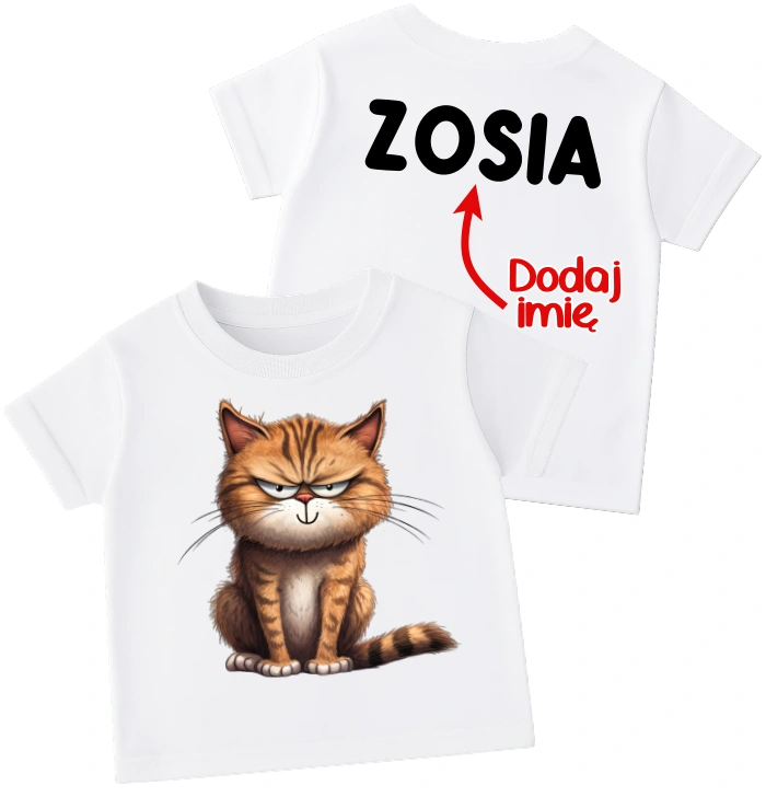 Koszulka dla dziewczynki z imieniem na plecach oraz kotem z przodu koszulki