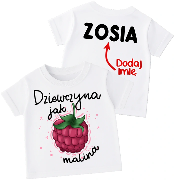 Koszulka dla dziewczynki z maliną oraz imieniem na plecach
