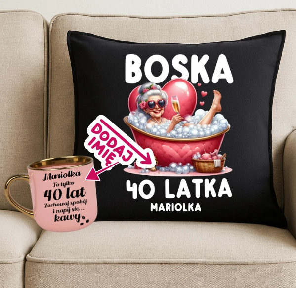 Personalizowany Zestaw prezentowy na 40 urodziny dla kobiety - elegancja poduszka oraz kubek na 40 urodziny