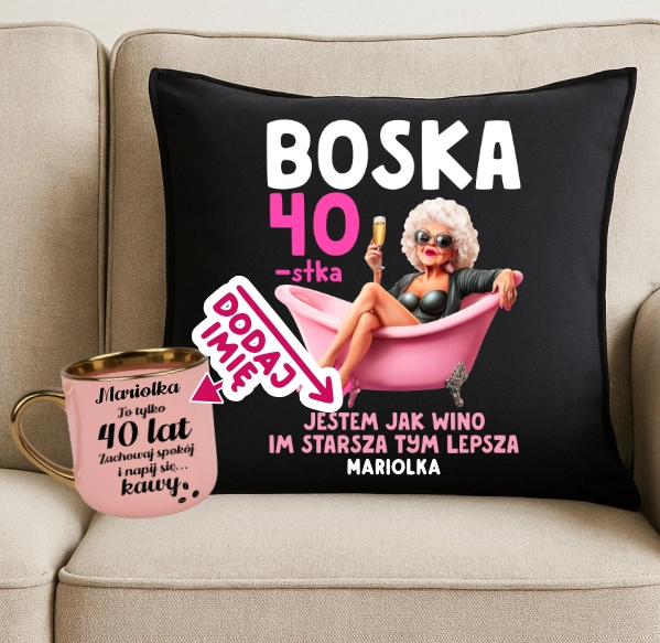 Personalizowany Zestaw prezentowy na 40 urodziny dla kobiety - elegancja poduszka BOSKA 40 oraz kubek na 40 urodziny