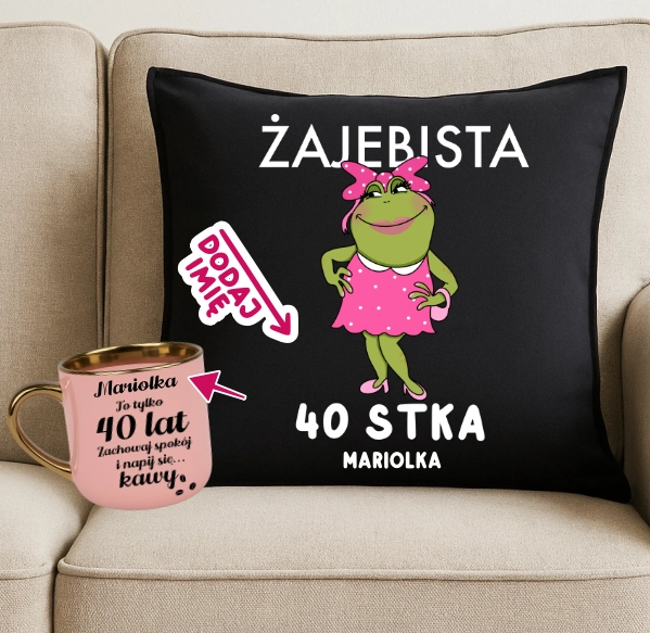 Personalizowany Zestaw prezentowy na 40 urodziny - ŻAJEBISTA 40 - kubek oraz poduszka na prezent na 40-stkę
