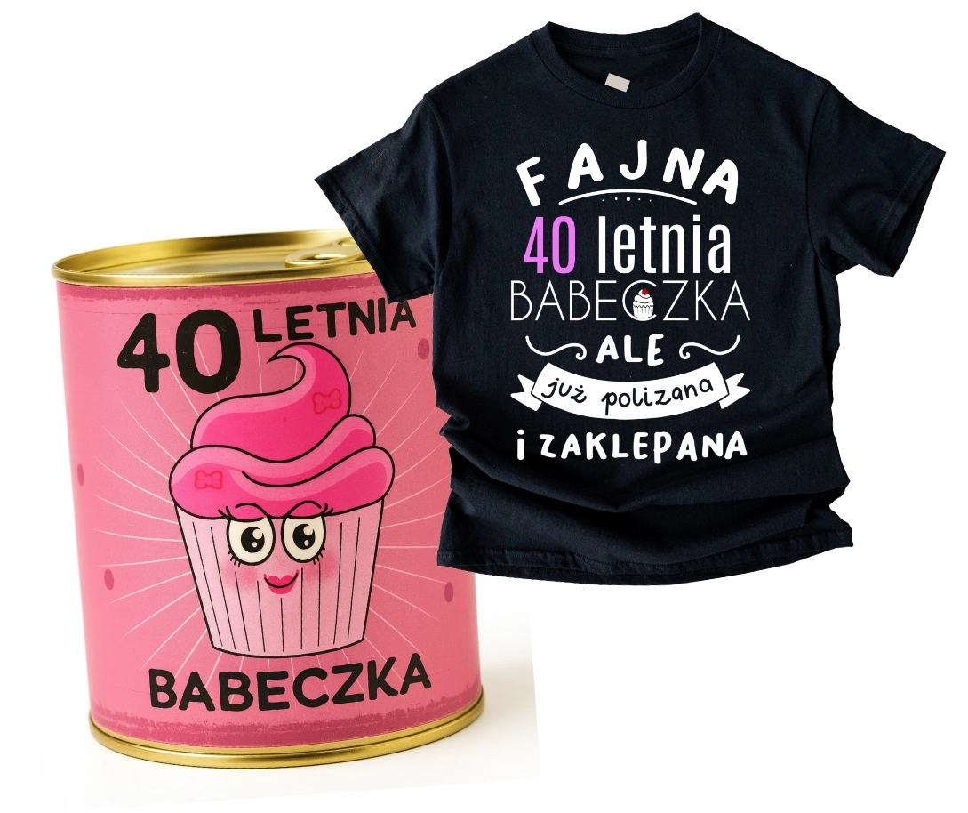 Damska koszulka na 40 urodziny - fajna 40 letnia babeczka ale już polizana i zaklepana , ZESTAW PREZENTOWY ZAPAKOWANY W PUSZCE